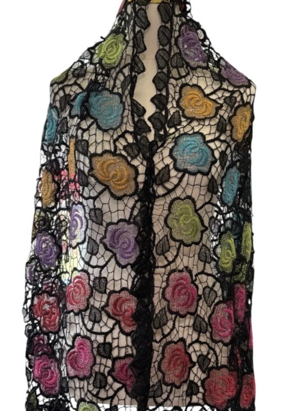 Black Lace Floral Mantilla Shawl/Chapel Veil with Multicolor Embroidery SKU 22